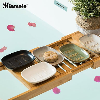 Miamolo Soap Dish Soap Holder Shower, Ceramic Soap Dishes for Bar Soap Sponge, Shower Soap Dish Soap Saver Tray for Bathroom Kitchen Sink, Easy to Clean, Green (Pack of 2)
