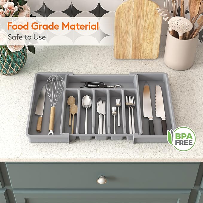 Lifewit Silverware Drawer Organizer, Expandable Utensil Tray for Kitchen, BPA Free Flatware and Cutlery Holder, Adjustable Plastic Storage for Spoons Forks Knives, 13-22 x 15", Grey