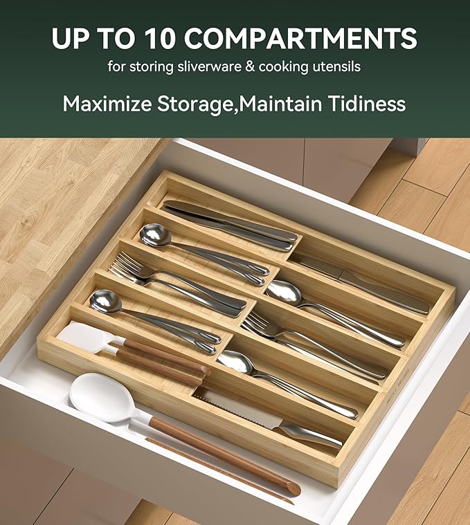 Silverware Organizer, Utensil Drawer Organizer & Cutlery Tray Dividers for Spoons Forks Knives (10 Slot,Natural Bamboo), 16”Dx12.3”Wx1.7”H
