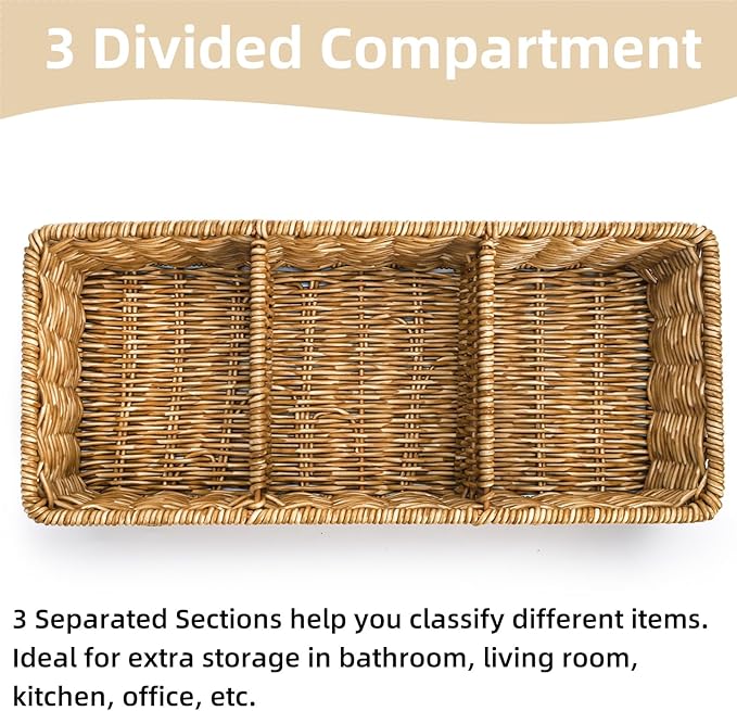 Covzoe 2 Pack Wicker Storage Basket, 3 Compartments Plastic Toilet Tank Topper Woven Basket, Rattan Storage Container Countertop Organizer for Bathroom Bedroom Decor, Tan