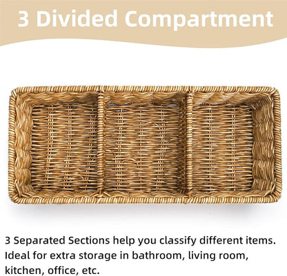 Covzoe 2 Pack Wicker Storage Basket, 3 Compartments Plastic Toilet Tank Topper Woven Basket, Rattan Storage Container Countertop Organizer for Bathroom Bedroom Decor, Tan