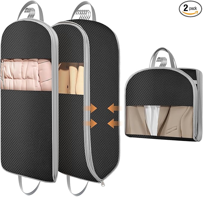 DIMJ Garment Bags for Hanging Clothes 10" Gusseted, Space Saving Compression Suit Bag Travel with Handles Window, Washable Carry Clothing Storage Cover for Dress, Coats, Jacket, Shirts,43" 2 Pack
