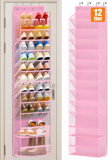 MISSLO 12 Tier Over the Door Shoe Organizer Breathable Mesh Hanging Shoe Rack for Closet Storage Shoe Holder for Door Fit 24 Pairs Sandals, Heels, Boots (Pink)