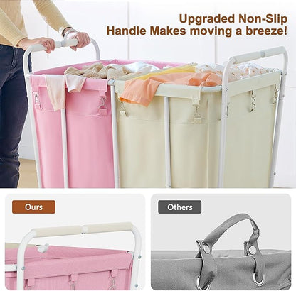 Hoctieon 2 Section Laundry Sorter Cart, 400L Rolling Hamper with Wheels, Industrial Laundry Basket Organizer, Extra Large Dirty Clothes Hamper for Home & Hotel, Heavy Duty, Pink+Beige