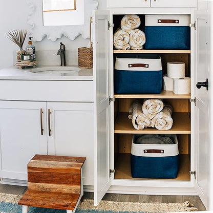 OrganiHaus 16x12.5in Canvas Storage Baskets 3 Pack | EXTRA LARGE Fabric Bins for Shelves | Linen Closet Organizer | Navy Blue/Off-White
