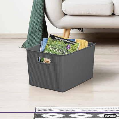 Decorative Plastic Basket Lidded Home Storage Bins Organizer Baskets, X-Large Grey (1 Pack - 22 Liter) Stackable Container Box, for Organizing Closet Storage Bins for Shelves - Ribbed Collection