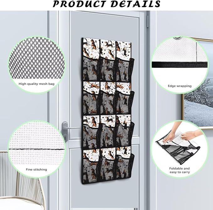 Space-Saving 12-Pocket Behind The Door Organizer, Waterproof Oxford Cloth Lightweight and Perfect for Bathroom Closet or Bedroom Use, Dachshund