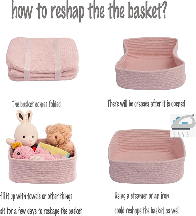 XUANGUO Small Woven Storage Baskets 13“X9”X5“ Decorative Rope Bins for Organizing Shelves, Closets, and Toys, Empty Gift Baskets, Cute Organizer Basket for Home and Office (pink, Large)