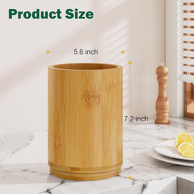 Utensil Holder, Bamboo Kitchen Utensil Holder for Countertop, 360°Rotating Cooking Utensil Crock for Kitchen Counter, 7.2" Large Utensil Organizer for Spatula