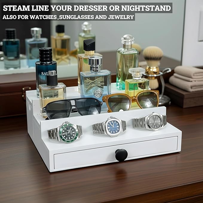 Wooden Cologne Organizer for Men 3 Tier | White Perfume Holder Shelf for Dresser | High Grade Velvet Lining and Stylish Gift Box | Uncluttered Design Perfume Display Stand