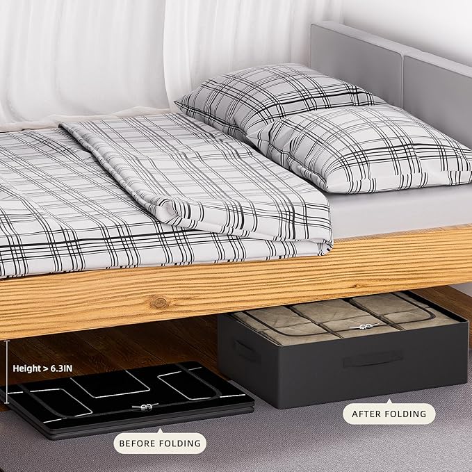 CYhom 3Pcs Under Bed Storage Bins with Metal Frame - Shoe Organizer for Closet with Clear Cover Oxford Fabric Sturdy Underbed Container Foldable Stackable Clothes Organizer (Black, 23.5x15.7x6.3)