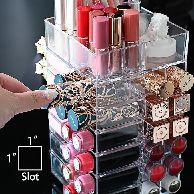 Ikee Design Lipstick Organizer with 53 Slots 360 Degree Rotating Spinning Acrylic Lip Gloss Organizer for Makeup, Lipsticks, Brushes, Cosmetic Storage Display, Bathroom, Vanity, Countertop