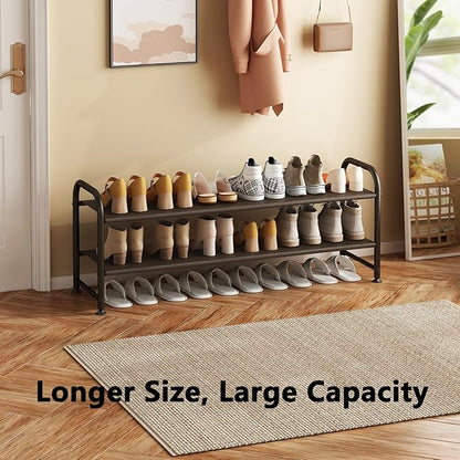 INGIORDAR Shoe Rack 2 Tier Long Storage Organizer Wide Metal Shoe Shelf for Closet Entryway Brown