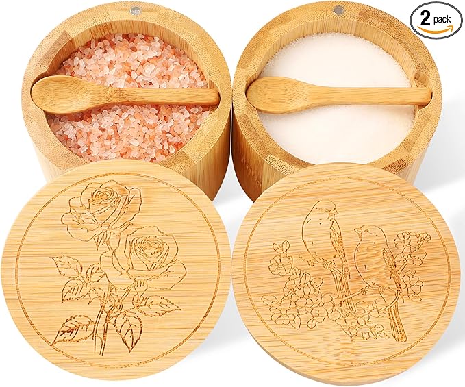 Timtopno Salt Cellar, 2PCS Salt Container Bamboo Salt and Pepper Box for Countertop with Built-in Spoon & Swivel Lid, Spice Seasoning Storage Bowl, Elegant Salt Holder (Rose & Bird Engraving)