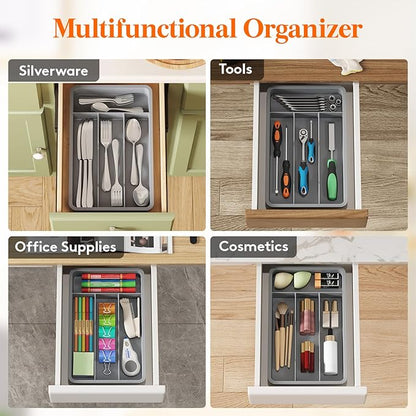 Lifewit Silverware Drawer Organizer Tray, Plastic Cutlery Storage for Kitchen, Flatware and Utensil Holder Divider for Spoons Forks Knives Tableware, 7.8 x 12.4", 4 Slots, Gray