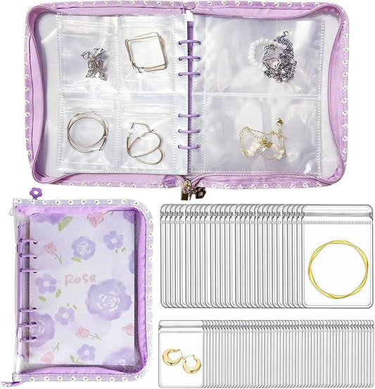 Jewelry Organizer Travel,Jewelry Storage Book with 45 Portable thick PVC pouches,Jewelry Organizer Zipper Bags for Necklaces Bracelet Rings and Earrings (front cover removable),Purple