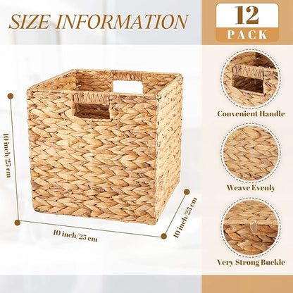 Jinei 12 Pcs Wicker Storage Basket Bulk 10 x 10 x 10 Inch Handwoven Water Hyacinth Cube Bin with Handles Woven Laundry for Organizer Shelves Wood Color