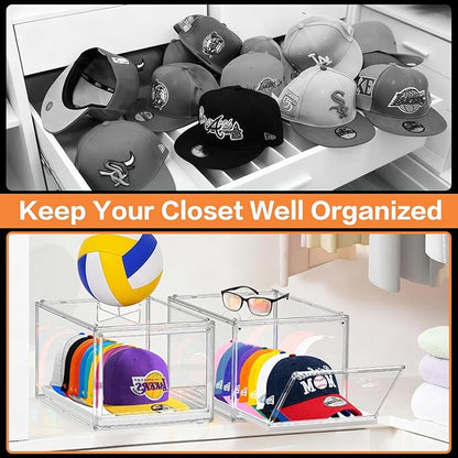 Hat Storage Box for Baseball Cap, Large Clear Hats Organizer Container with Sliding Tray Drawer, Stackable Caps Display Case with Magnetic Door for Closet Holds 8-10 Hats 1Pack