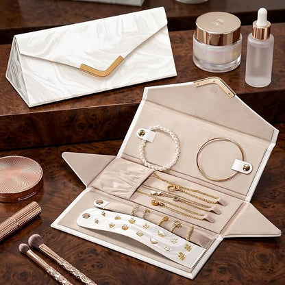 2-in-1 Travel Jewelry and Glasses Organizer, Foldable Case for Necklaces, Earrings, Rings, Bracelets, Pink Marble (White)