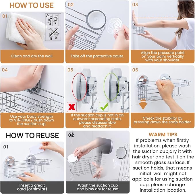 LEVERLOC Shower Caddy Suction Cup Shower Shelves Shower Holder，Silver
