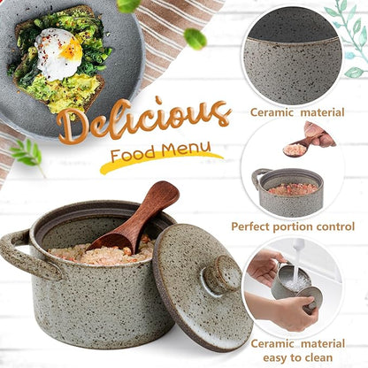Honeydak Speckled Ceramic Salt Cellar with Lid and Wooden Spoon, Rustic Farmhouse Salt Pepper Cellar Holder for Mothers Day, Housewarming Gift, Heavyweight Spices Jar(Light Gray,1 Set)
