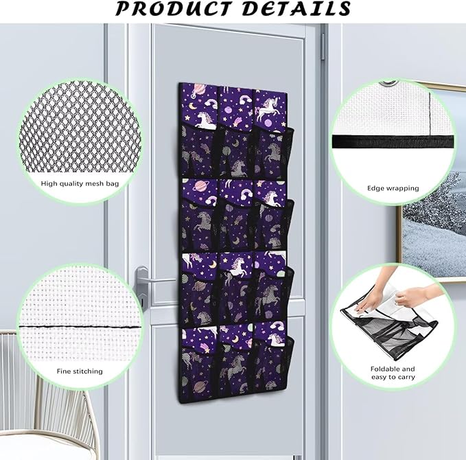 Lucky Horse Behind Door Organizer 12 Pockets Over The Door Shoe Organizer for Closet Rainbows Wall Hanging Storage Cookies Multi-Funtion Storage Bag
