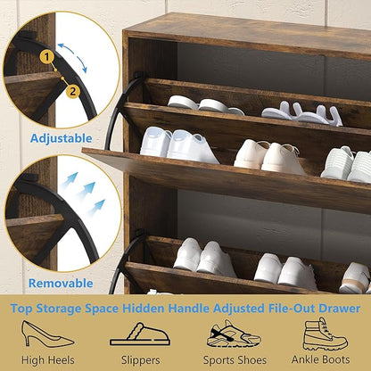 Shoe Storage Cabinet for Entryway, Brown Shoe Cabinet with 3 Flip Drawers, Hidden Shoes Rack Freestanding Storage Organizer for Entryway,Closet, Living Room,Hallway 47.24"H × 31.50"W × 9.44"D