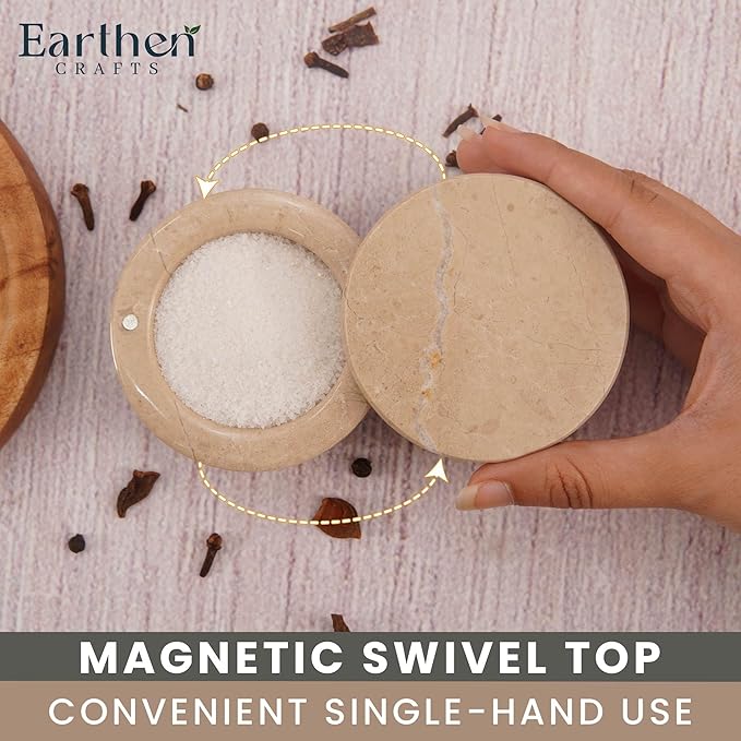 Marble Salt Cellar with Swivel Lid 3 Inch Beige Stone Mini Salt Box for Kitchen Counter with Magnetic Closure, 2.5 OZ Capacity, Ideal for Kosher Salt and Gourmet Seasonings