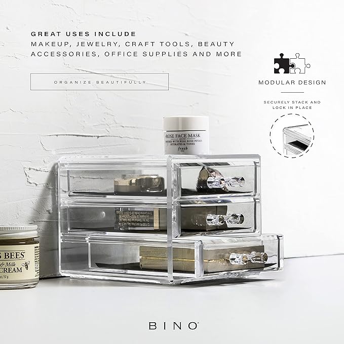 BINO THE MANHATTAN SERIES Acrylic Makeup Drawer Organizer- 3 Drawer Small | Clear Beauty Organizers and Storage| Cosmetic & Makeup Drawer| Home Organization| Jewelry & Vanity Accessories Drawer