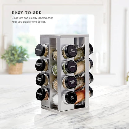 Kamenstein 16 Jar Heritage Revolving Countertop Spice Rack Organizer with Spices Included, FREE Spice Refills for 5 years, Brushed Stainless Steel with Black Caps | Revolving