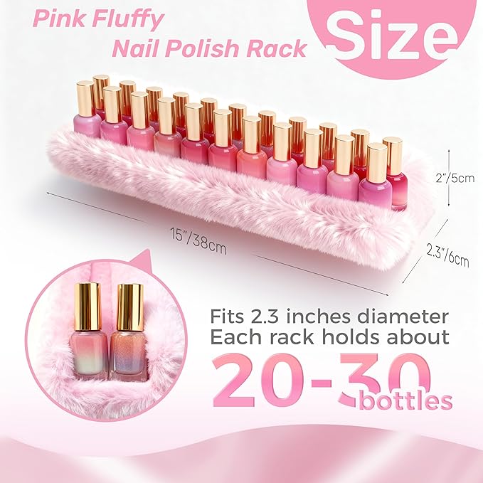 Care&More YJ 15 Inch Nail Polish Shelves, 4-Pack Fuzzy Display Nail Polish Rack for Storing Nail Bottles, Sunglasses, Essential Oils, Plush Soft Pink