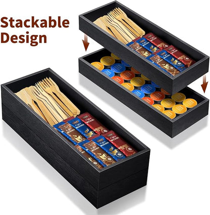 Bamboo Utensil Drawer Organizer, Stackable Silverware Organizer Tray Flatware Cutlery Storage Box for Kitchen Drawer - 17"x6"x2.5" (Set of 2)