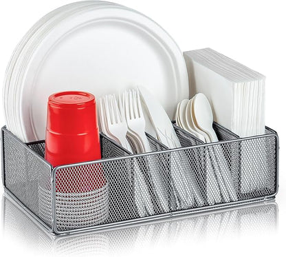 Paper Plate Organizer for Countertop, Metal Silverware Caddy for Cup, Fork, Spoon, Napkin, Paper Plate and Utensil Holder, Cutlery Caddy for Party, Camping, Picnic (Silver)