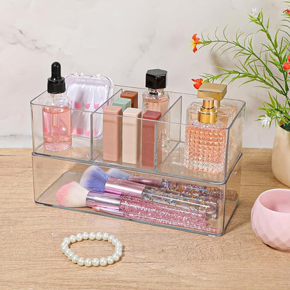 Acrylic Organizer, 2PK Cube Sections Makeup Organizer for Drawer, Makeup Organizer for Vanity, Countertop, Bathroom, Kitchen and Cabinet Storage(1+3 Compartment)