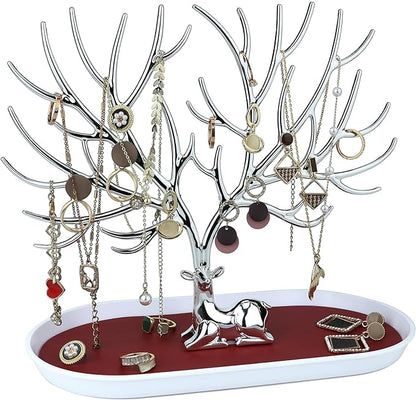 MORE&LESS Antlers Jewelry Display Stand,Silver Deer Hanging Organizer for Ring Earrings Necklace Bracelet