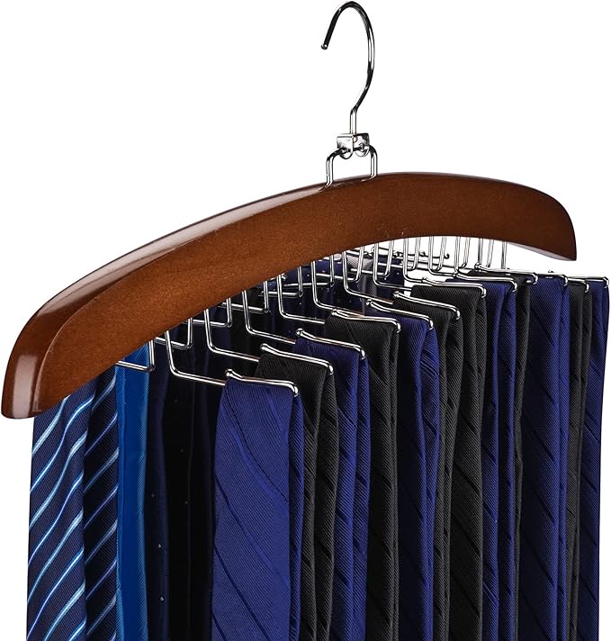 Tie Rack Tie Hanger 24 Hooks Wooden, Tank Top Hanger,Belt Organizer for Closet,with Upgraded 360°Rotating, Belts Scarves Accessories for Bras,Tank Tops,Camisoles…