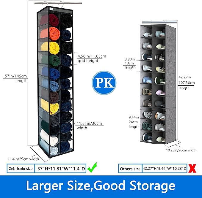 Legging Organizer for Closet Hanging, Legging Storage Bag Can Holds 24 Leggings Jeans or Shirts, Heavy Duty Metal Hooks for Over Door Storage, Wardrobe Clothes Storage - Grey/Black