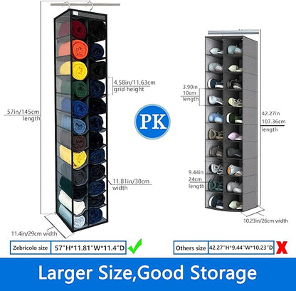 Legging Organizer for Closet Hanging, Legging Storage Bag Can Holds 24 Leggings Jeans or Shirts, Heavy Duty Metal Hooks for Over Door Storage, Wardrobe Clothes Storage - Grey/Black