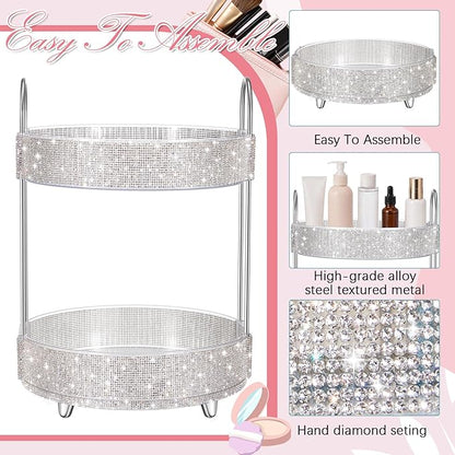 Honeydak 360 Rotating Perfume Organizer for Mother Day Nurse Day Rhinestone Bathroom Counter Organizer Makeup Holder Skincare and Perfume Storage for Cosmetic Countertop(2 Tiers,Resin Stone,White)