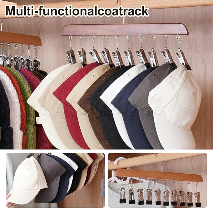 Closet Organizer with 10 Clips, 2026 New Space Saving Hanging Closet Organizer, Hat Scarf Clothespins for Legging Jeans Skirts Socks Pant Hangers (Wood-10 Clips, 1 Pcs)