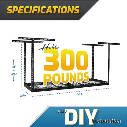 MonsterRax Overhead Garage Storage Rack 2 x 6 Ceiling Rack for Garage Shelving, Organization, & Storage, Adjustable Hanging Storage for Bikes, Equipment & Bins (Hammertone, 12"- 21" Ceiling Drop)