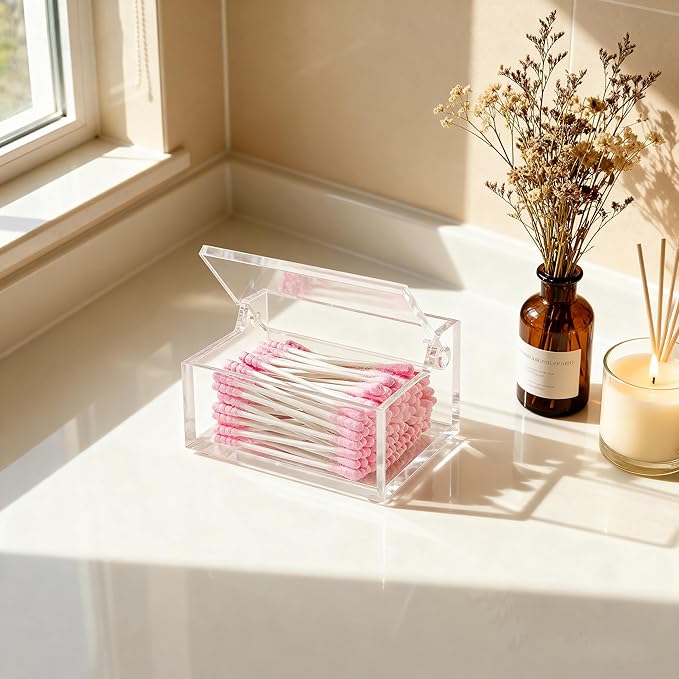 Clear Acrylic Qtip Holder with Lid, Cotton Balls Swab Organizer, 3.9" x 2.8" x 2" Dispenser for Makeup Pad, Floss Picks, Bath Salts, Cosmetic Storage Case, Home Bathroom Decor (DP051)