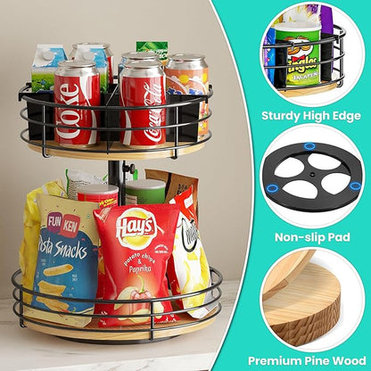 2 Tier Lazy Susan Turntable Organizer Adjustable - 12 Inch Snack Organizer Wood Rotating Spice Rack for Kitchen Countertop Pantry Cupboard Bathroom Coffee Bar Home Storage, Black