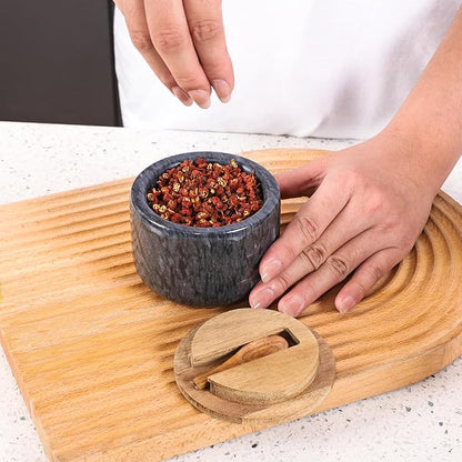 Salt and Pepper Bowl, Marble Salt Cellar and Spices Storage Container With Built-in Spoon and Acacia Wood Lid - 6.5oz Capacity (Black)