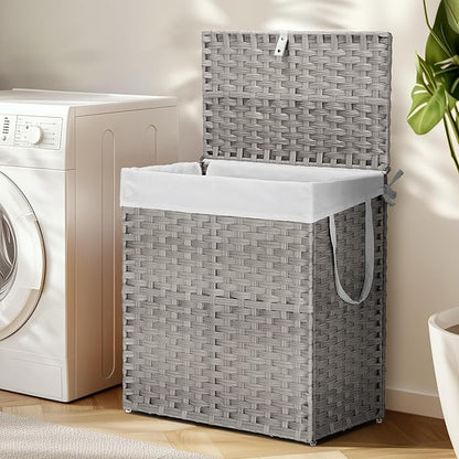 DUMOS Wicker Laundry Basket with Lid, 110L Woven Laundry Hamper with Handles, Foldable Rattan Clothes Hamper with Removable Liner & Sturdy Steel Frame, Dove Gray