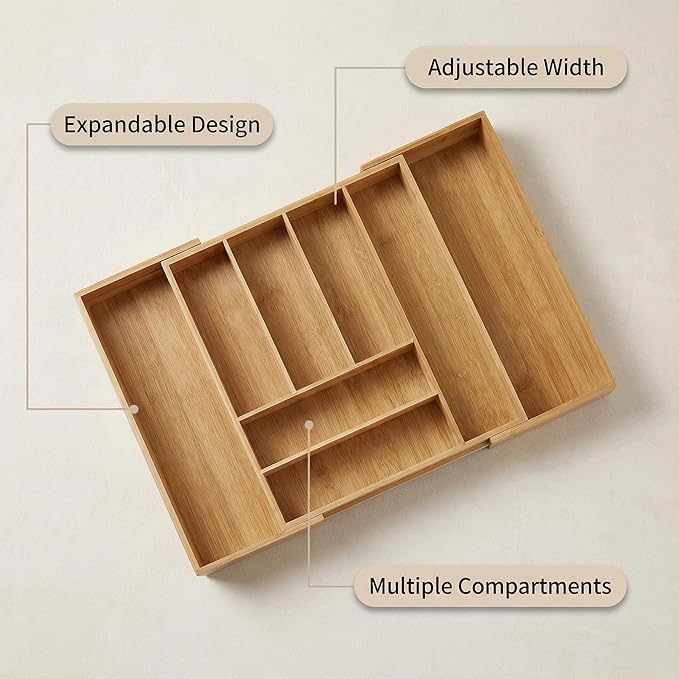 Bamboo Drawer Organizer - Expandable Kitchen Utensil Holder, Adjustable Silverware Drawer Organization, Kitchen Wooden Tray for Cutlery, Flatware & Stationery, 6-8 Slots (Natural)
