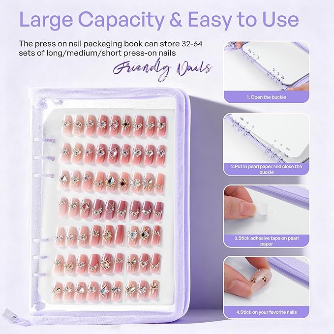 18PCS Press On Nail Organizer Clear Empty Press on Nail Packaging Set with 8 Insert Pages,8 nail double tape and 1 Zipper Pocket for Fake Nail Storage Nail Art Salon (purple)