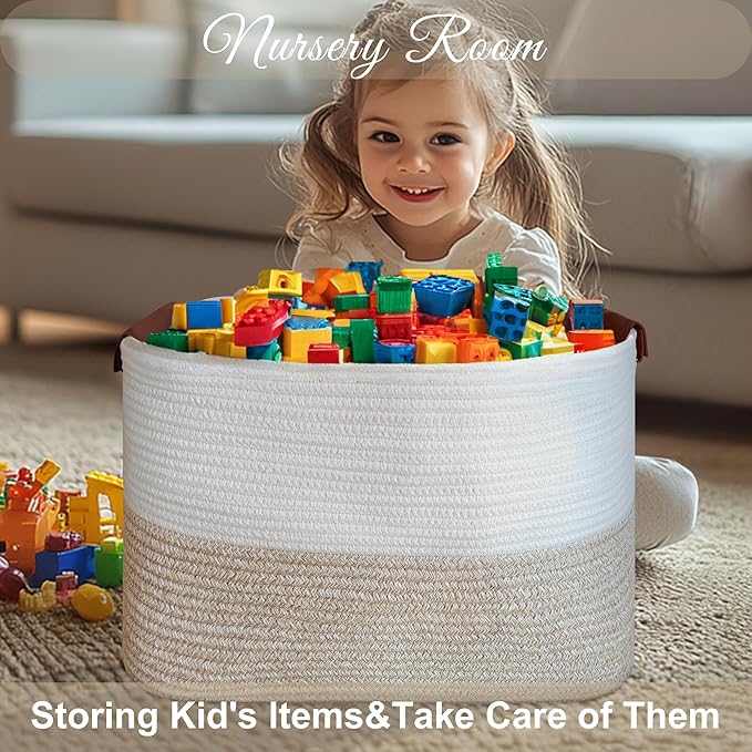 Large Cotton Rope Storage Basket with Leather Handles, Laundry Hamper Basket, 20 "L x 14" W x 12 "H, Durable & Stylish Organizer for Home.(Large Light Khaki)