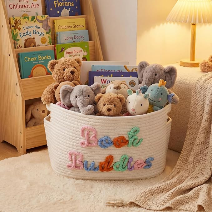 Threehoney Book Buddies Basket Preschool Book Toy Storage Basket with Handle Woven Cotton Rope Organizer for Back to School Kindergarten Preschool Classroom Graduation 15 x 10 x 9 Inches(Multicolored)