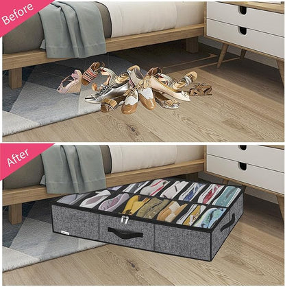 Onlyeasy Sturdy Under Bed Shoe Storage Organizer with Handles and Clear Window Fit 16 to 32 Pairs, Premium Foldable Shoes Container Box for Closet, 37.7x 23.6x 5.9 inch, Cotton-like Black, MXBUBS16P2